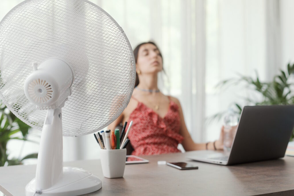 woman in front of fan